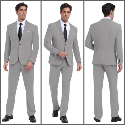 Diaryan Linen Suits Men 2 Piece Casual Tuxedo Regular Fit Blazer Peaked Lapel Grey Prom Wedding Solid Jacket and Pants L - Image 2