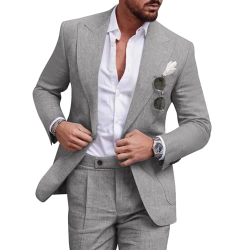 Diaryan Linen Suits Men 2 Piece Casual Tuxedo Regular Fit Blazer Peaked Lapel Grey Prom Wedding Solid Jacket and Pants L - Image 1