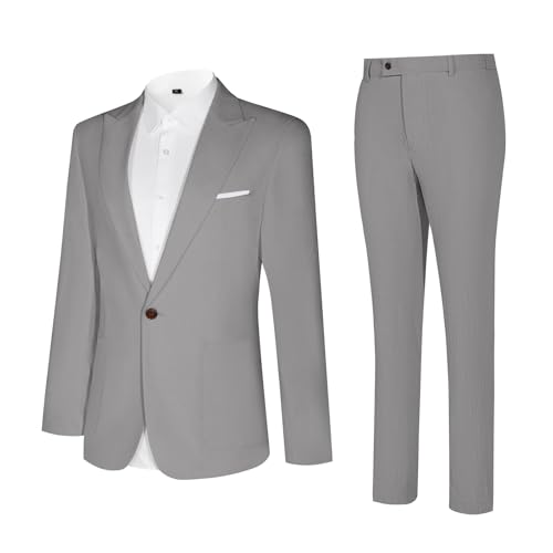Diaryan Linen Suits Men 2 Piece Casual Tuxedo Regular Fit Blazer Peaked Lapel Grey Prom Wedding Solid Jacket and Pants L - Image 3