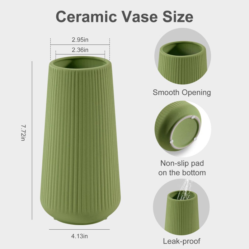 GUKJOB Saga Green Ceramic Vase, GUKJOB Small Cute Flower Vase for Pampas Grass, Home, Living Room, Dining Table, Farmhouse, Office Decor, Bedroom, Table, and Kitchen Shelf (Saga Green) - Image 2