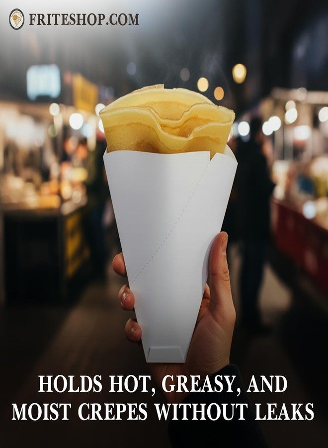 Friteshop Inc. Friteshop White Japanese Crepe Wrappers – Disposable Food-Safe Cones for Crepes, Desserts – Heavy Duty Paper Food Containers – Easy-Tear Perforated Front – For Food Trucks & Catering - 100 pack - Image 4