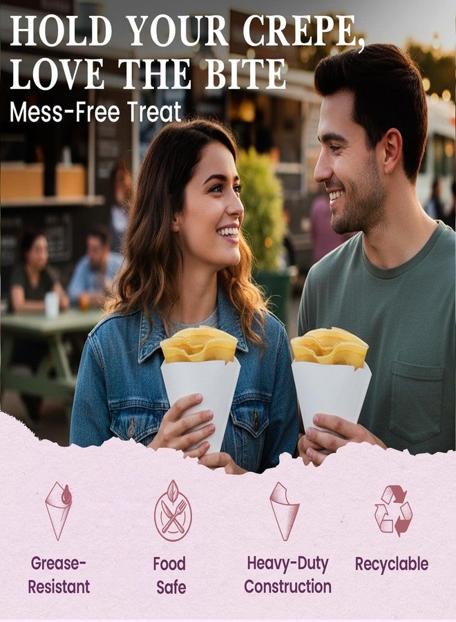 Friteshop Inc. Friteshop White Japanese Crepe Wrappers – Disposable Food-Safe Cones for Crepes, Desserts – Heavy Duty Paper Food Containers – Easy-Tear Perforated Front – For Food Trucks & Catering - 100 pack - Image 2