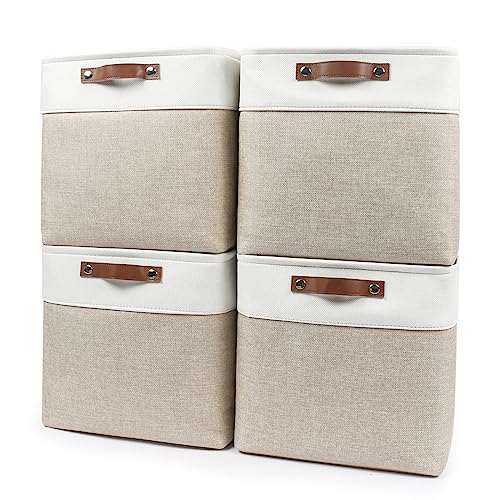 Bagnizer 13x13 Cube Storage Bins, Collapsible Fabric Storage Box, 4 Pack Closet Baskets with Handles for Organizing, Shelf, Toys, Clothes, Home, Office, Nursery (Beige&White) - Image 1