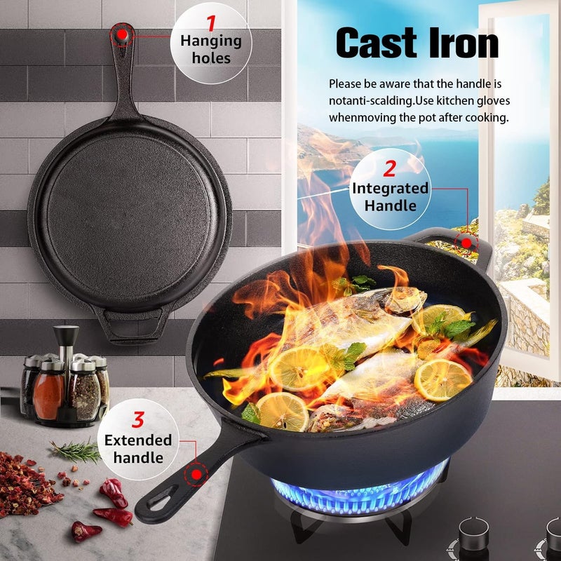 2-in-1 Cast Iron Dutch Oven Pot with Skillet Lid Set, Dual use Deep Pot + Frying Pan, Kitchen Cookware for Cooking, Bread Baking, Grill, Frying and Camping, 26Cm/10in Black - Image 4