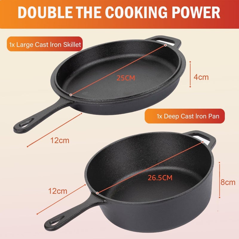 2-in-1 Cast Iron Dutch Oven Pot with Skillet Lid Set, Dual use Deep Pot + Frying Pan, Kitchen Cookware for Cooking, Bread Baking, Grill, Frying and Camping, 26Cm/10in Black - Image 2
