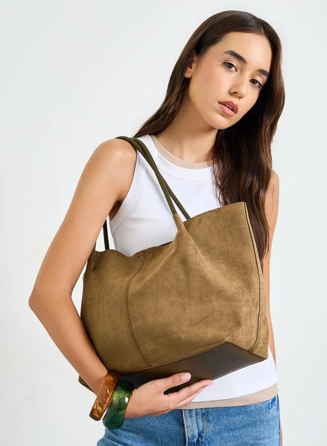 ستايلي Khaki Suede-Look Hobo Shoulder Bag and Pouch Set