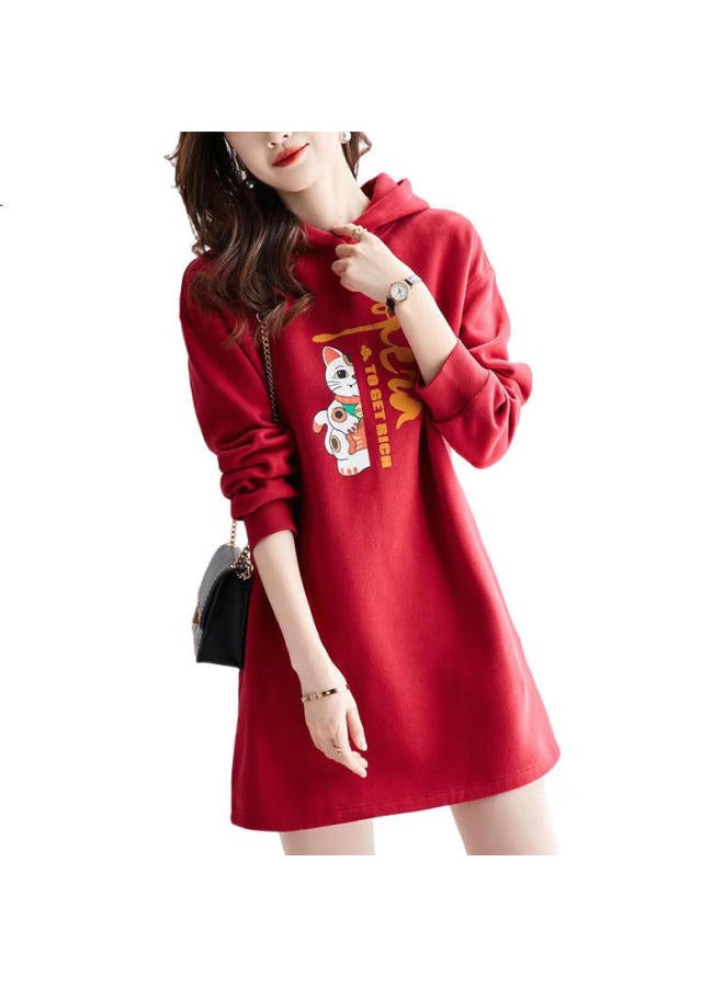 dme Demana Hoodie Dress For Women, Spring And Autumn, Red, Hooded, Straight, Long-Sleeved, Loose-Fitting, Elegant Dress, China Red, Xl - Image 2