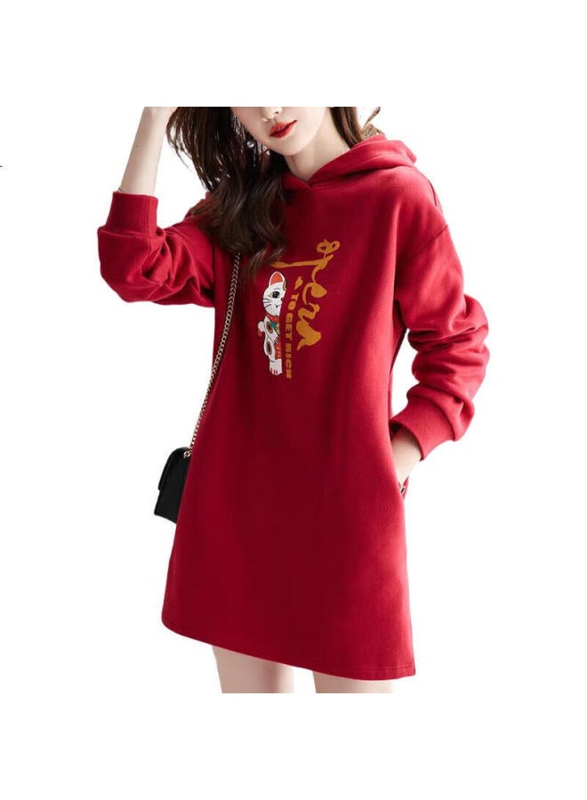 dme Demana Hoodie Dress For Women, Spring And Autumn, Red, Hooded, Straight, Long-Sleeved, Loose-Fitting, Elegant Dress, China Red, Xl - Image 1
