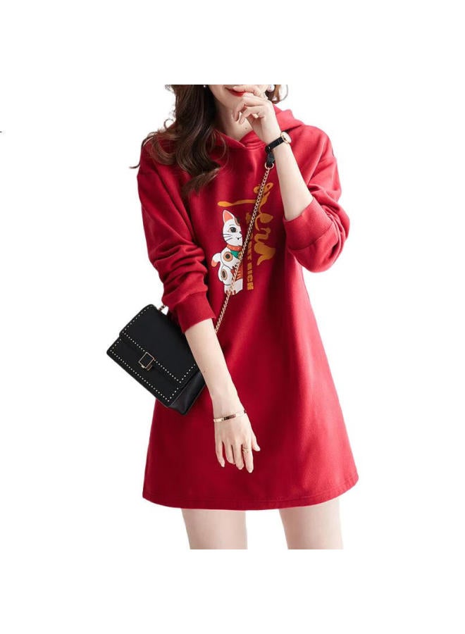 dme Demana Hoodie Dress For Women, Spring And Autumn, Red, Hooded, Straight, Long-Sleeved, Loose-Fitting, Elegant Dress, China Red, Xl - Image 3