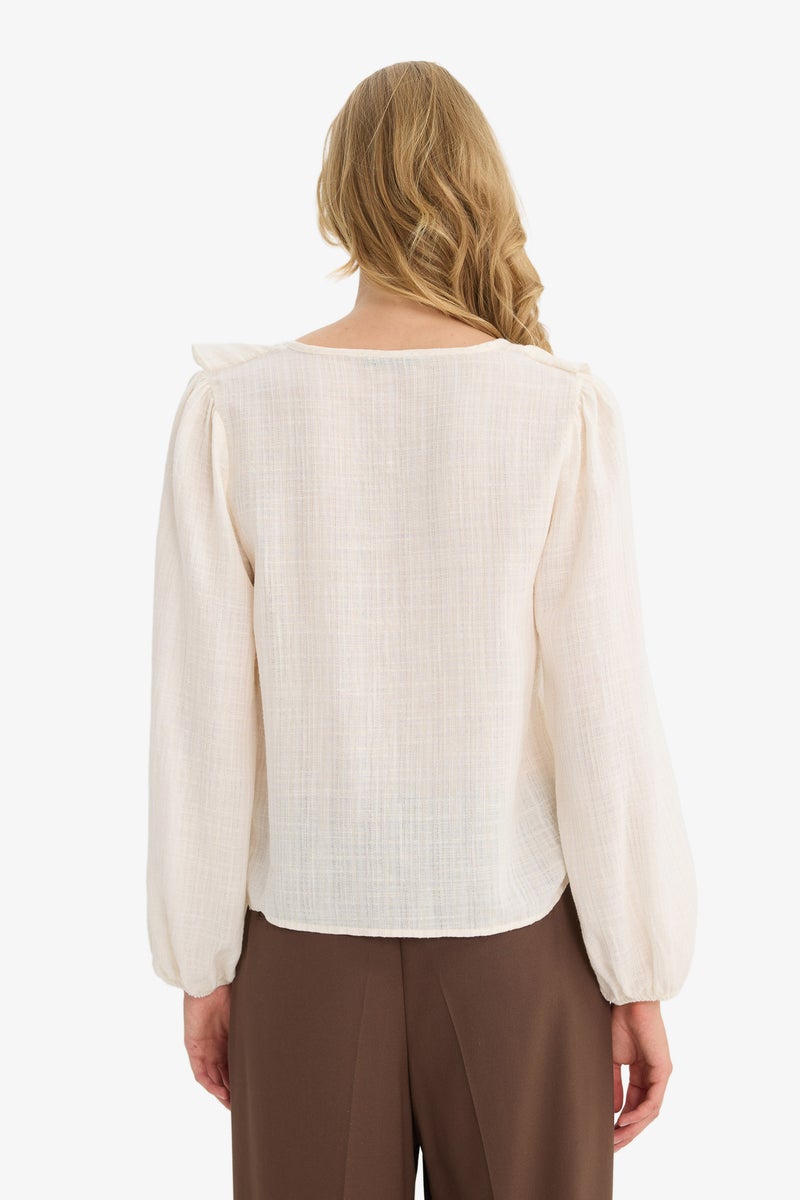 DeFacto Beige Woman Regular Fit V-Neck Flounce Cotton Blouse Casual - Image 4