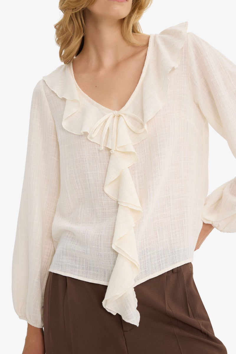 DeFacto Beige Woman Regular Fit V-Neck Flounce Cotton Blouse Casual - Image 3