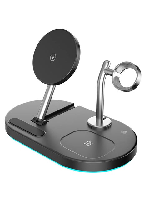 4-in-1 Magnetic Wireless Charging Station 15w Fast Qi Wireless Charger with iPhone 12/13/14 Pro Max/iWatch/AirPods/Small Naight Lamp Wireless Fast Charging Station, Black