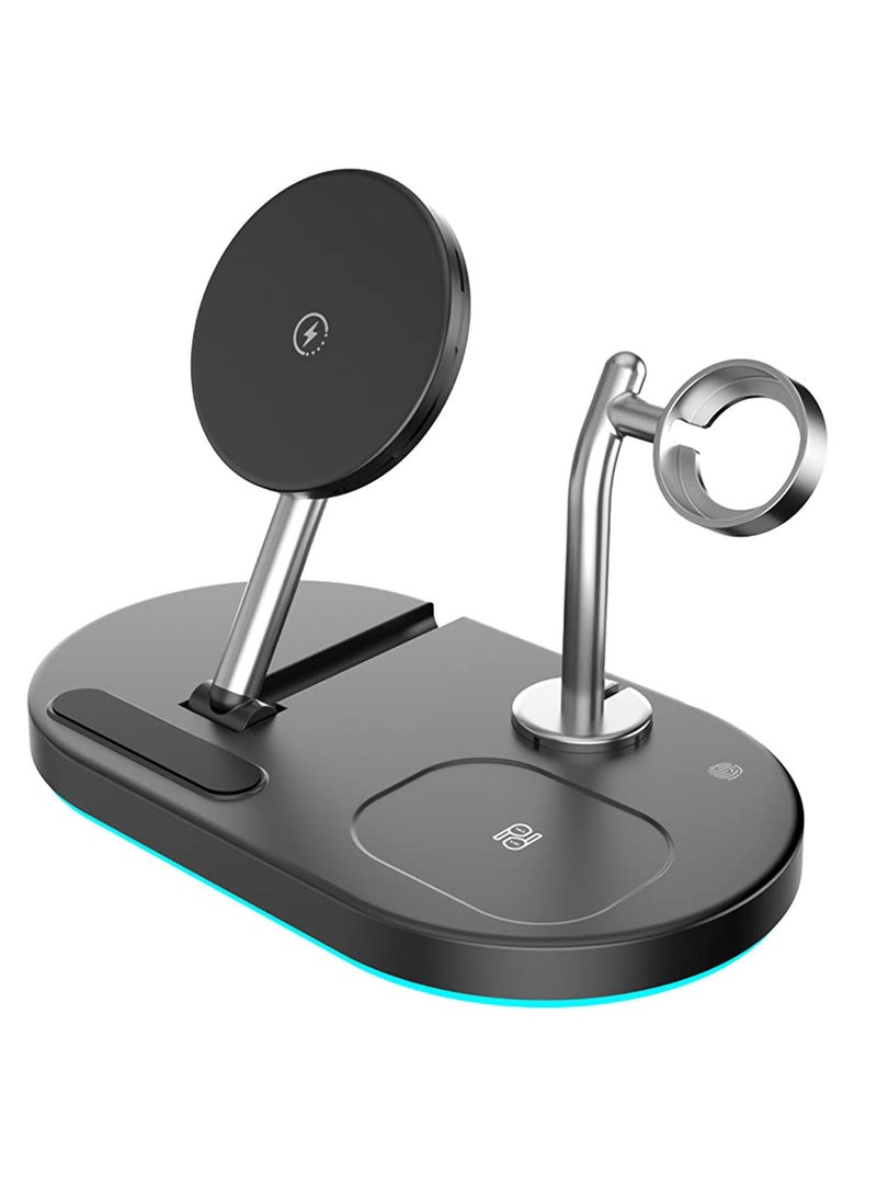 4-in-1 Magnetic Wireless Charging Station 15w Fast Qi Wireless Charger with iPhone 12/13/14 Pro Max/iWatch/AirPods/Small Naight Lamp Wireless Fast Charging Station, Black