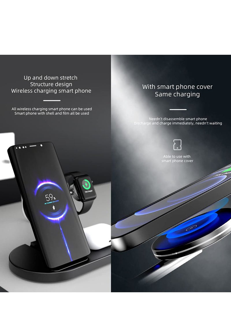 4-in-1 Magnetic Wireless Charging Station 15w Fast Qi Wireless Charger with iPhone 12/13/14 Pro Max/iWatch/AirPods/Small Naight Lamp Wireless Fast Charging Station, Black