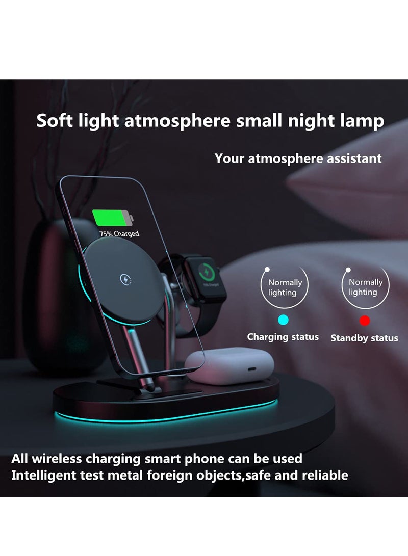 4-in-1 Magnetic Wireless Charging Station 15w Fast Qi Wireless Charger with iPhone 12/13/14 Pro Max/iWatch/AirPods/Small Naight Lamp Wireless Fast Charging Station, Black