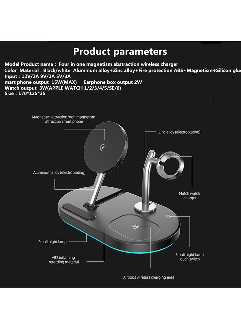 4-in-1 Magnetic Wireless Charging Station 15w Fast Qi Wireless Charger with iPhone 12/13/14 Pro Max/iWatch/AirPods/Small Naight Lamp Wireless Fast Charging Station, Black