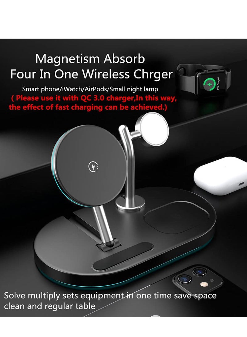 4-in-1 Magnetic Wireless Charging Station 15w Fast Qi Wireless Charger with iPhone 12/13/14 Pro Max/iWatch/AirPods/Small Naight Lamp Wireless Fast Charging Station, Black