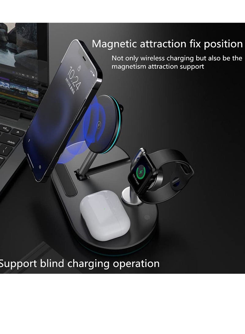 4-in-1 Magnetic Wireless Charging Station 15w Fast Qi Wireless Charger with iPhone 12/13/14 Pro Max/iWatch/AirPods/Small Naight Lamp Wireless Fast Charging Station, Black