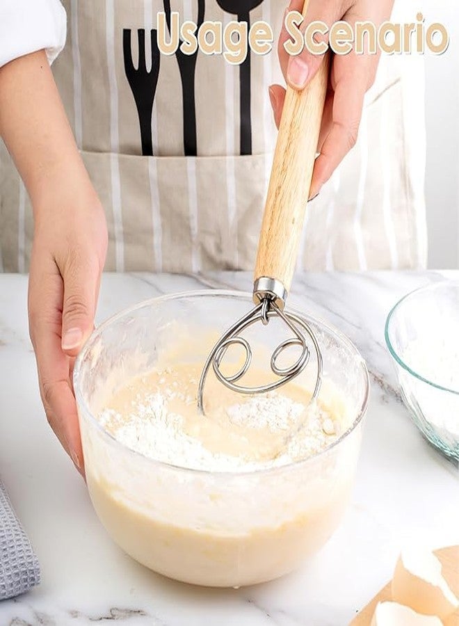 shrevi 13 Inch Bread Dough Whisk,Double Eyes Stainless Steel Danish Dough Whisk, Egg Beater with Wooden Handle, Bread Dough Mixer Accessories Tool for Kitchen - Image 3