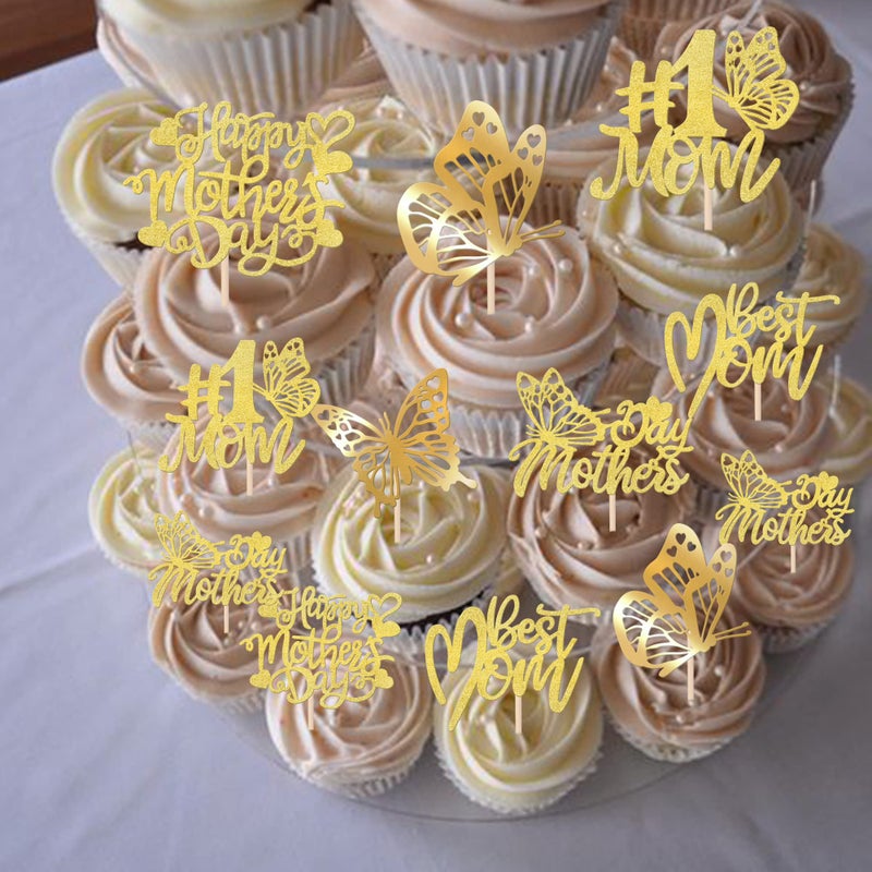 RSSTARXI 36 حزمة عيد أم سعيد Cupcake Topcake Topcake Gold Glitter Breatfly Best Mom Cupcake تختار من أجل Mom's Mother Mother Women Women Birthday Cake Cake Cake - Image 3