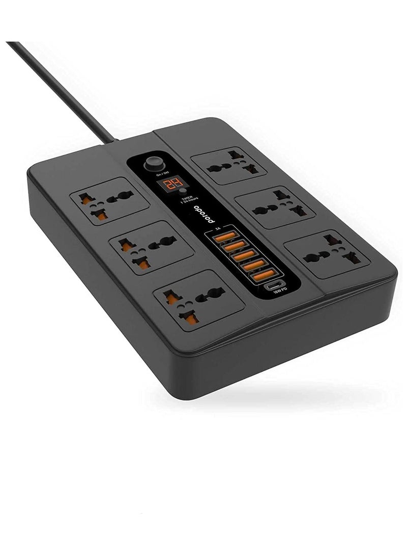 Universal Power Socket, 6 AC Output 5 USB Port & USB-C PD 18W Multiport Socket, Power HUB Built-in Timer, Fire-Proof Material Power Strip, 200cm Extension Cord, Charging Station - Image 1