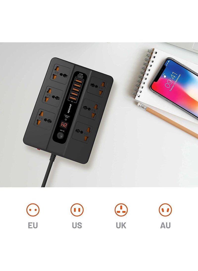 Universal Power Socket, 6 AC Output 5 USB Port & USB-C PD 18W Multiport Socket, Power HUB Built-in Timer, Fire-Proof Material Power Strip, 200cm Extension Cord, Charging Station - Image 2