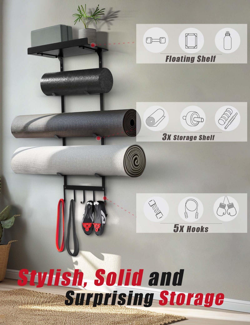 MRZZATA Yoga Mat Holder Wall Mount, Home Gym Storage Rack with Top Floating Shelf, 4-Tiers Holding Yoga Mat/ Blocks/ Rollers and Decorations, 5 Hooks for Resistance Bands, Skipping-Rope, Small Gym Equipment - Image 2