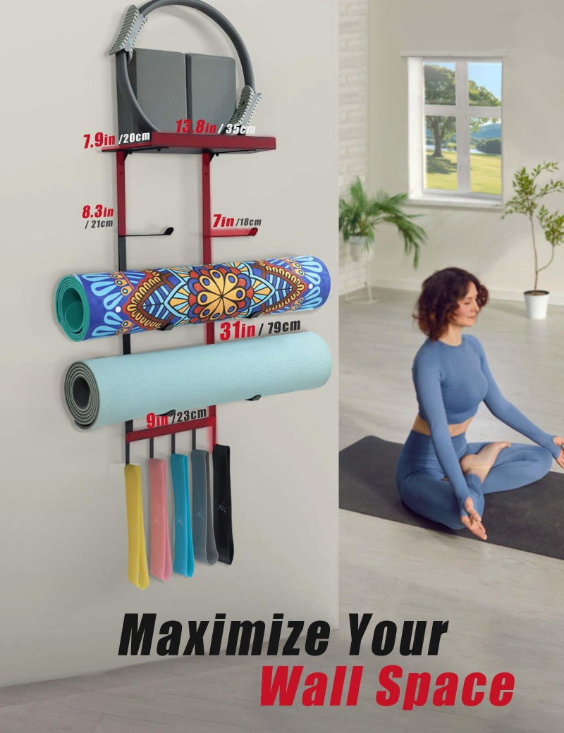 MRZZATA Yoga Mat Holder Wall Mount, Home Gym Storage Rack with Top Floating Shelf, 4-Tiers Holding Yoga Mat/ Blocks/ Rollers and Decorations, 5 Hooks for Resistance Bands, Skipping-Rope, Small Gym Equipment - Image 3
