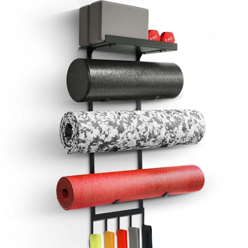 MRZZATA Yoga Mat Holder Wall Mount, Home Gym Storage Rack with Top Floating Shelf, 4-Tiers Holding Yoga Mat/ Blocks/ Rollers and Decorations, 5 Hooks for Resistance Bands, Skipping-Rope, Small Gym Equipment - Image 1