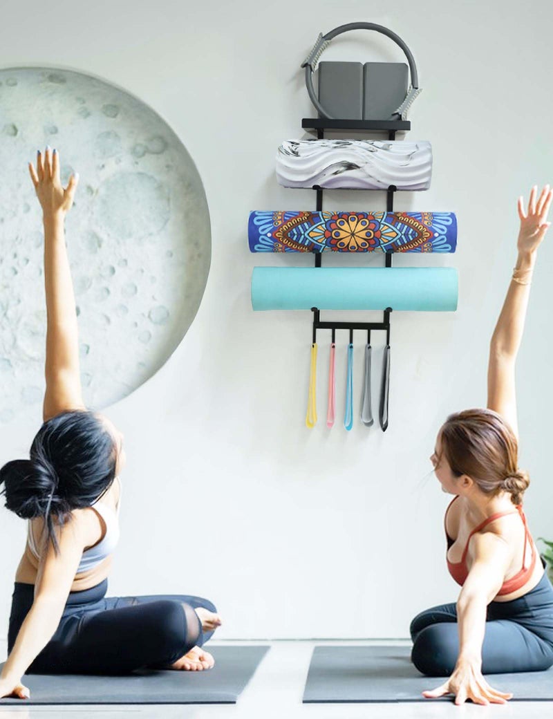 MRZZATA Yoga Mat Holder Wall Mount, Home Gym Storage Rack with Top Floating Shelf, 4-Tiers Holding Yoga Mat/ Blocks/ Rollers and Decorations, 5 Hooks for Resistance Bands, Skipping-Rope, Small Gym Equipment - Image 5
