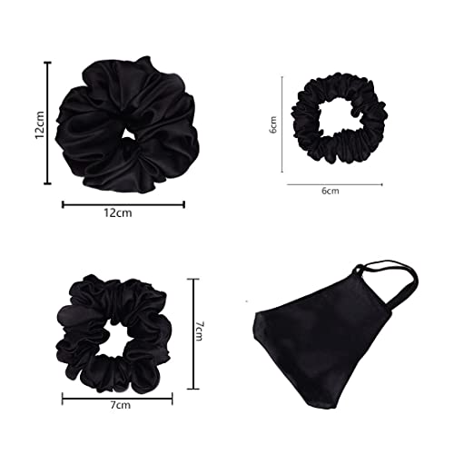 ARENDELLE Pack of 3 Black Satin Scrunchies in Skinny, Medium and Large Size with Matching Mask[ASC007] - Image 2