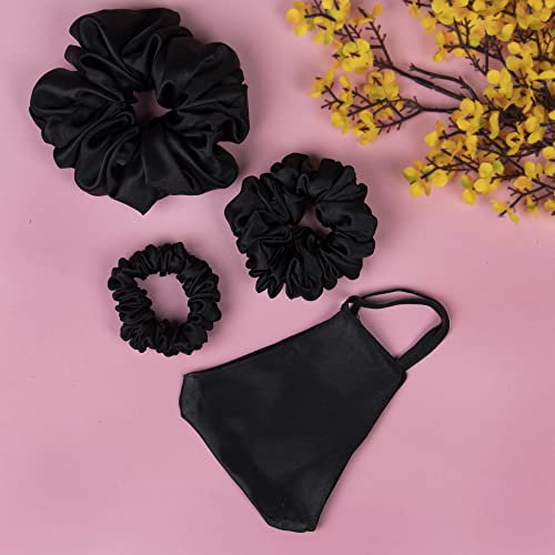 ARENDELLE Pack of 3 Black Satin Scrunchies in Skinny, Medium and Large Size with Matching Mask[ASC007] - Image 3