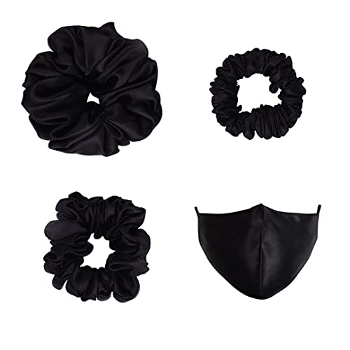 ARENDELLE Pack of 3 Black Satin Scrunchies in Skinny, Medium and Large Size with Matching Mask[ASC007] - Image 1