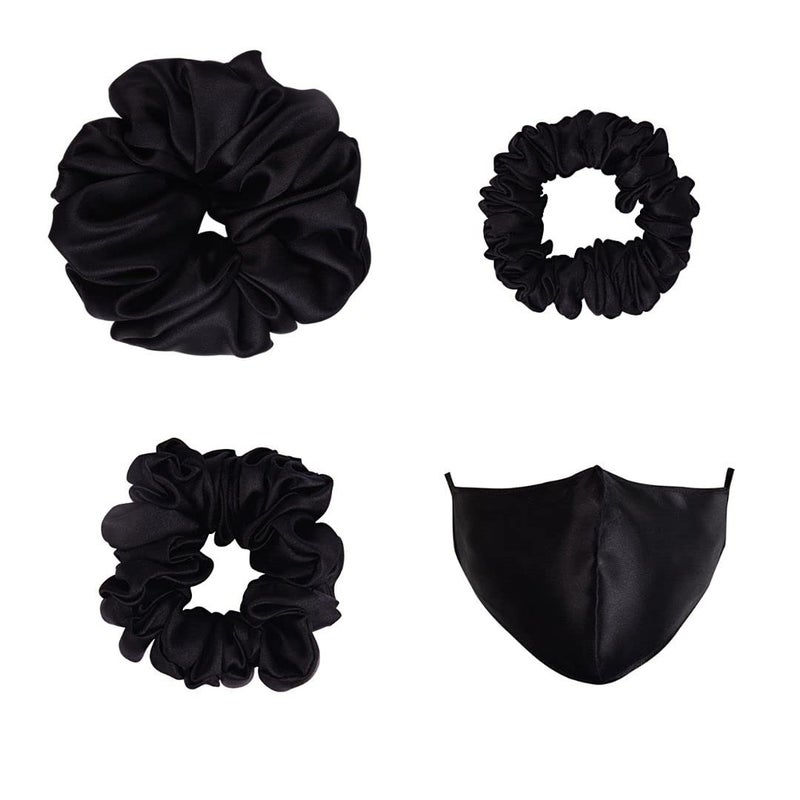 ARENDELLE Pack of 3 Black Satin Scrunchies in Skinny, Medium and Large Size with Matching Mask[ASC007] - Image 4