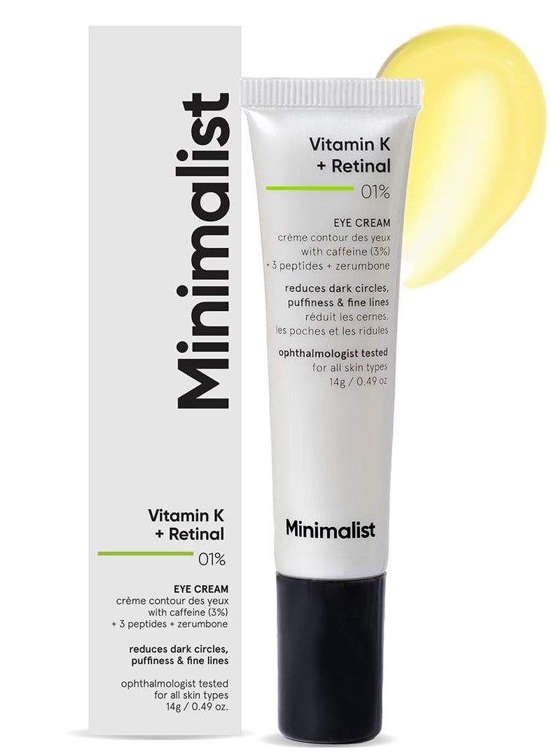 منيماليست كريم فيتامين ك ريتينال 01% تحت العين من مينيماليست يقلل من الهالات السوداء والتجاعيد والخطوط الدقيقة مع الكافيين للانتفاخات للنساء والرجال 14 جم - Image 1