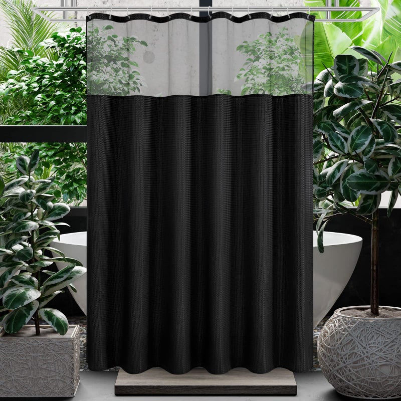 ستارة دش طويلة من جيبيل 72 × 78 قماش ويف ويف مع نافذة شبكية ومجموعة خطافات تصميم حمام على طراز الفندق باللون الأسود