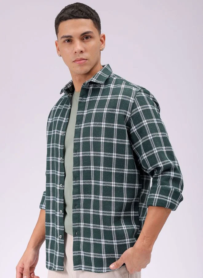 The Indian Garage Co Men Regular Fit Checkered Full Sleeves Cutaway Collar Resort Wear Shirt