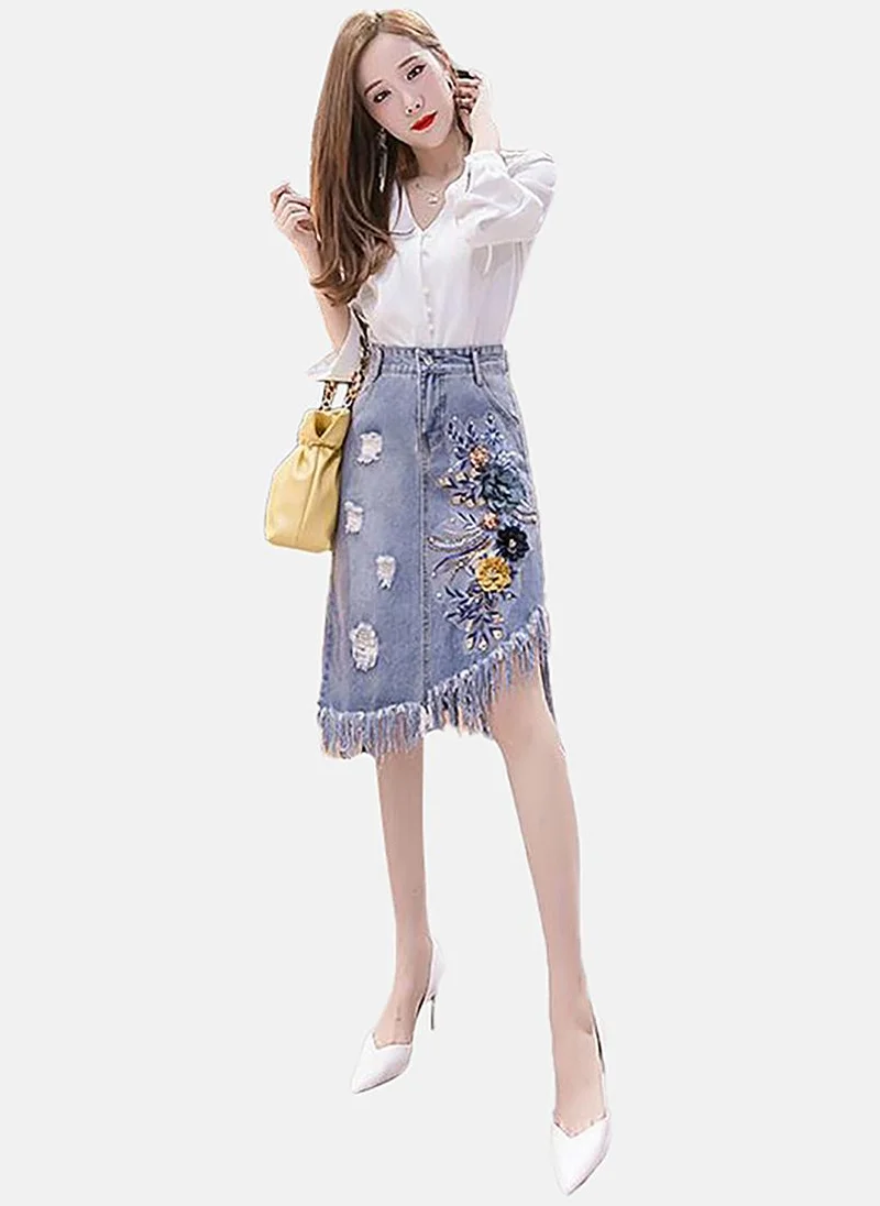 YUNIQEE Blue A-Line Embellished Midi Skirt