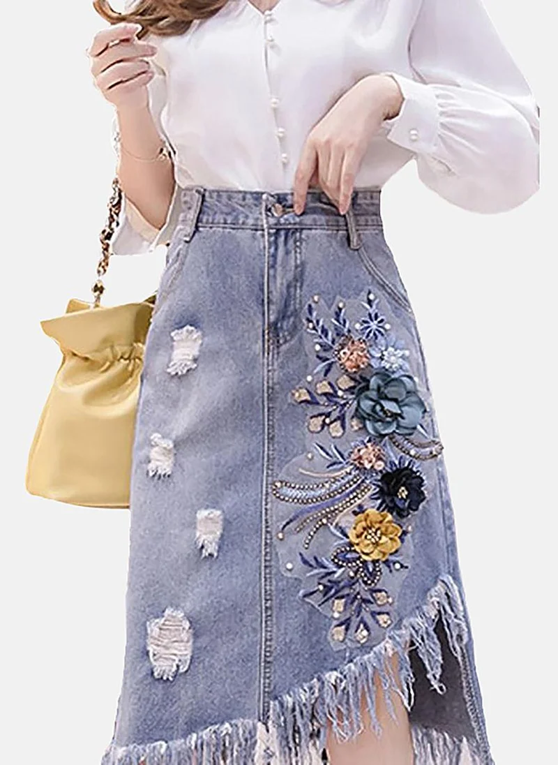 YUNIQEE Blue A-Line Embellished Midi Skirt