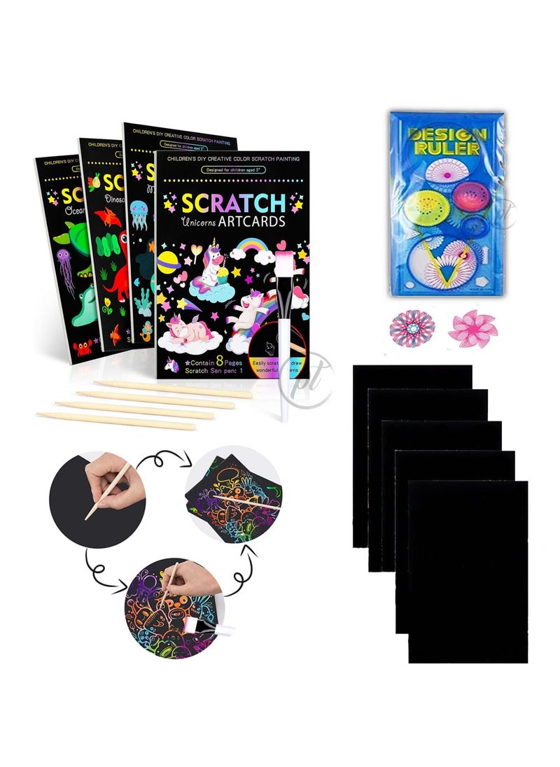 Promote Promote 4 Unicorn Scratch Paper Spiral Notebooks A5 Sized with Wooden Scratching Tool and 1 Creative Spiral Ruler Art and Craft Kits for Girls Boys  - Image 1