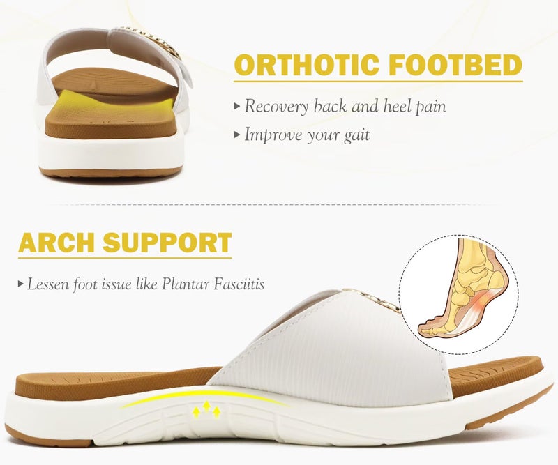 COFACE Womens Dressy Orthotic Slides Ladies Yoga Mat Memory Foam Cushion Recovery Walking Sandals Open Toe Strap Summer Slip On Slippers Comfortable Plantar Fasciitis Arch Support White Khaki Size 8 - Image 3