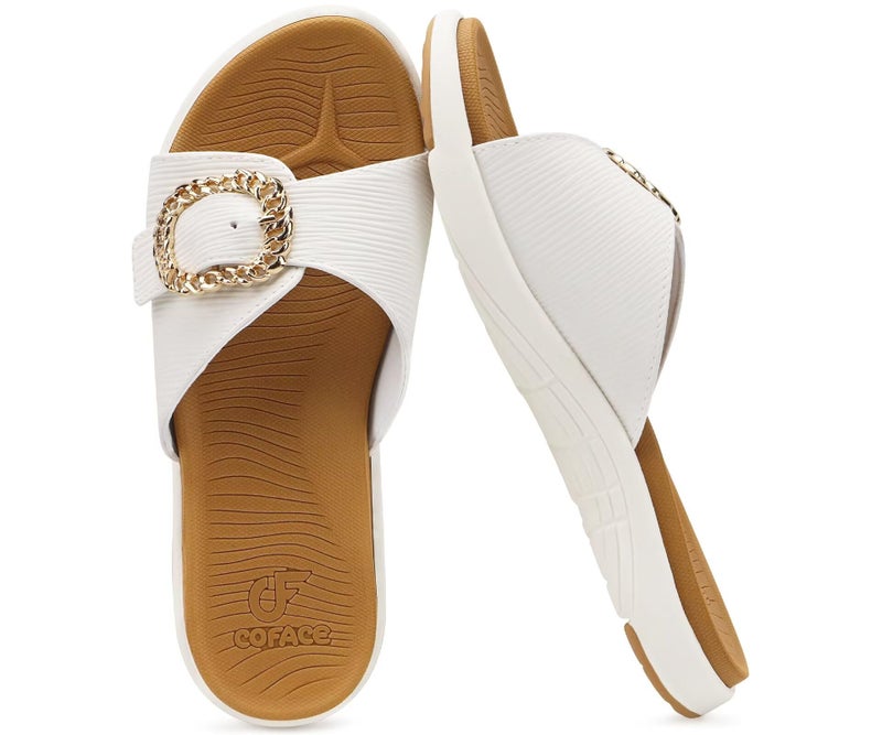 COFACE Womens Dressy Orthotic Slides Ladies Yoga Mat Memory Foam Cushion Recovery Walking Sandals Open Toe Strap Summer Slip On Slippers Comfortable Plantar Fasciitis Arch Support White Khaki Size 8 - Image 1