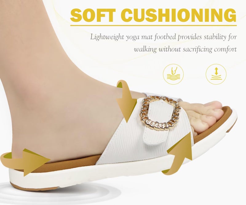 COFACE Womens Dressy Orthotic Slides Ladies Yoga Mat Memory Foam Cushion Recovery Walking Sandals Open Toe Strap Summer Slip On Slippers Comfortable Plantar Fasciitis Arch Support White Khaki Size 8 - Image 5