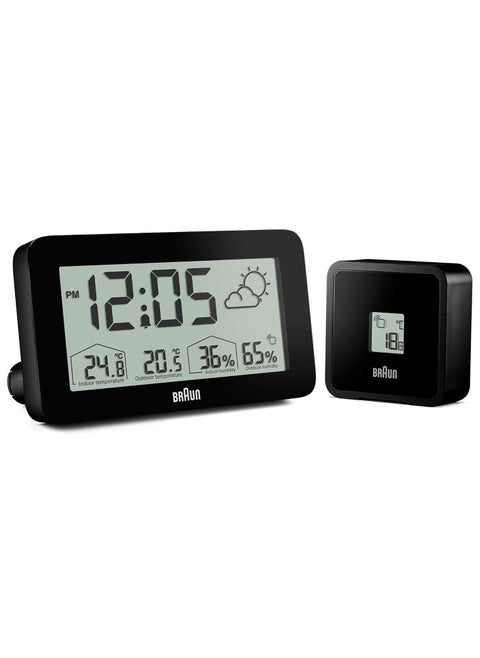 Braun Digital Weather Station Clock with Indoor and Outdoor Temperature and Humidity, Forecast, LCD Display, Quick-Set, Crescendo beep Alarm in Black, Model BC13BP.