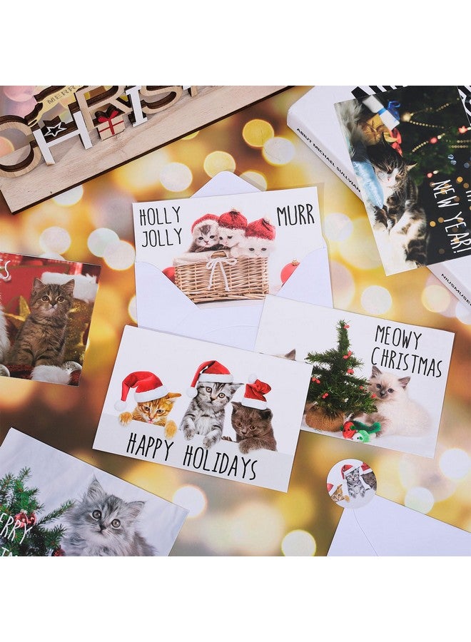 وولاين مجموعة من 30 بطاقة تهنئة لعيد الميلاد على شكل قطط، 6 أنماط من بطاقات ورقية لطيفة على شكل حيوانات مع مظاريف وملصقات، لوازم حفلات عيد الميلاد - Image 4