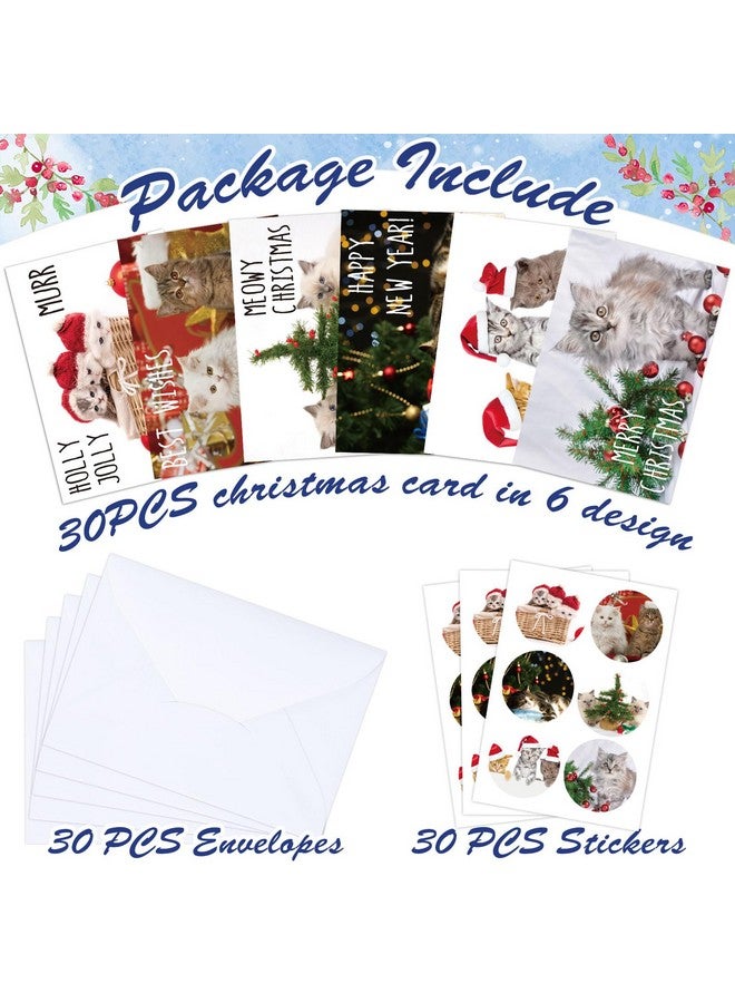 وولاين مجموعة من 30 بطاقة تهنئة لعيد الميلاد على شكل قطط، 6 أنماط من بطاقات ورقية لطيفة على شكل حيوانات مع مظاريف وملصقات، لوازم حفلات عيد الميلاد - Image 3