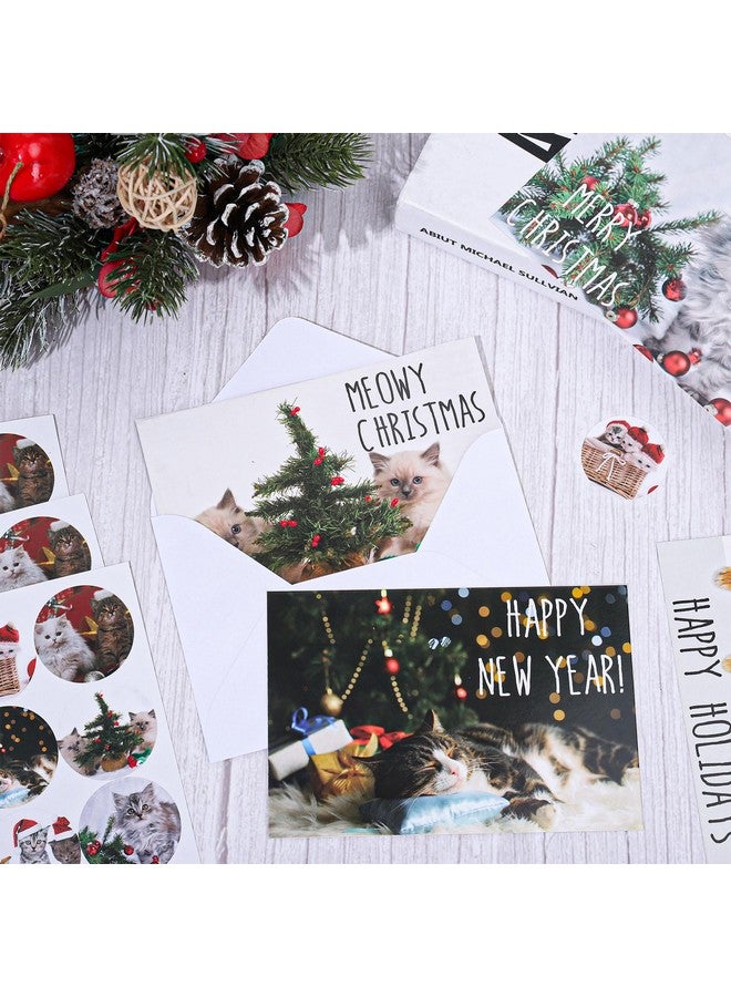 وولاين مجموعة من 30 بطاقة تهنئة لعيد الميلاد على شكل قطط، 6 أنماط من بطاقات ورقية لطيفة على شكل حيوانات مع مظاريف وملصقات، لوازم حفلات عيد الميلاد - Image 5