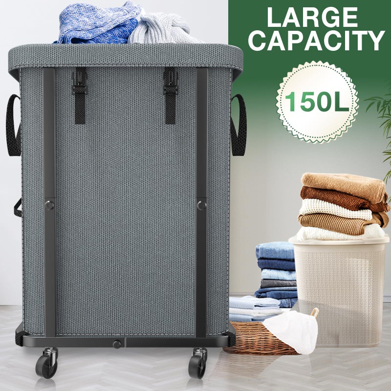 kunlabori 40 Gal(150L) High Grade Large Laundry Basket with Wheels, Rolling Laundry Hamper, Laundry Cart with Metal Frame and Removable Bag Design, Suitable for Laundry Room, Bedroom - Image 2