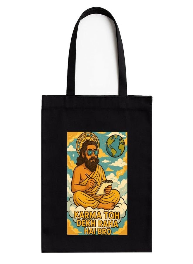 Megrok Karma Dekh Raha Tote Bag for Women | Front A4 Size Printed Pocket | 16x14 Inch Street Philosophy Cotton Bag | Desi Youth Statement - Image 1