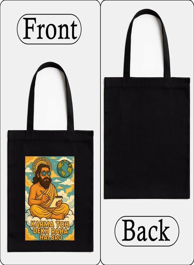 Megrok Karma Dekh Raha Tote Bag for Women | Front A4 Size Printed Pocket | 16x14 Inch Street Philosophy Cotton Bag | Desi Youth Statement - Image 4